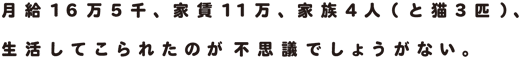 月給16万5千、家賃11万、家族4人(と猫3匹)、生活してこられたのが不思議でしょうがない